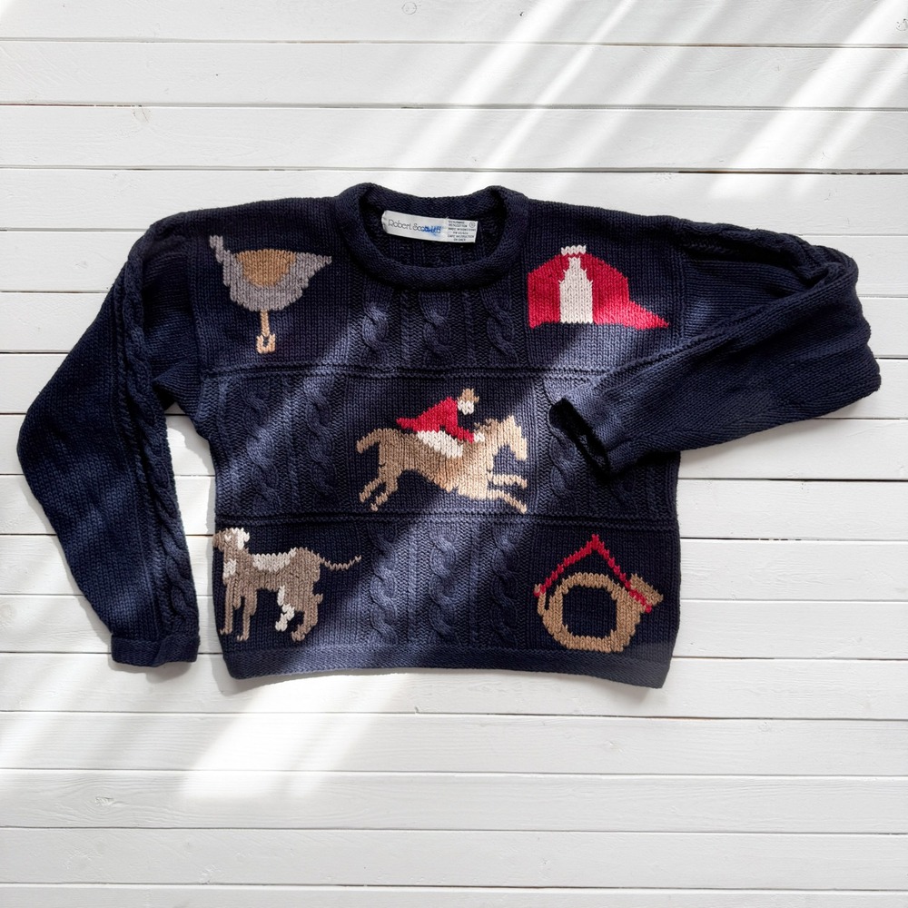 vtg‎ Robert Scott navy blue equestrian horse dog hunting sweater